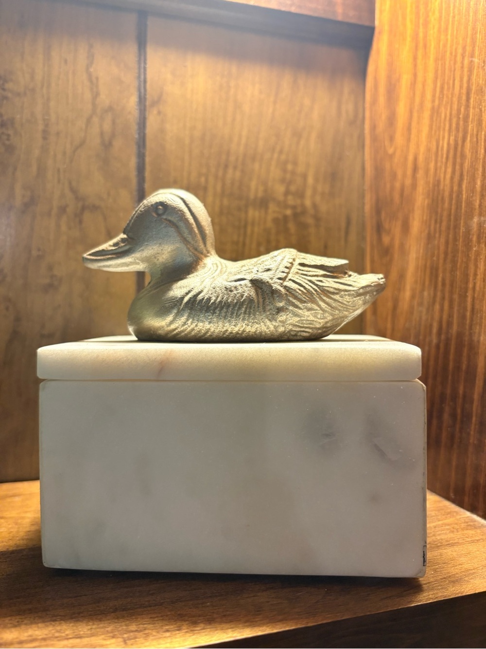 Brass Duck Trinket Box on White Marble Base